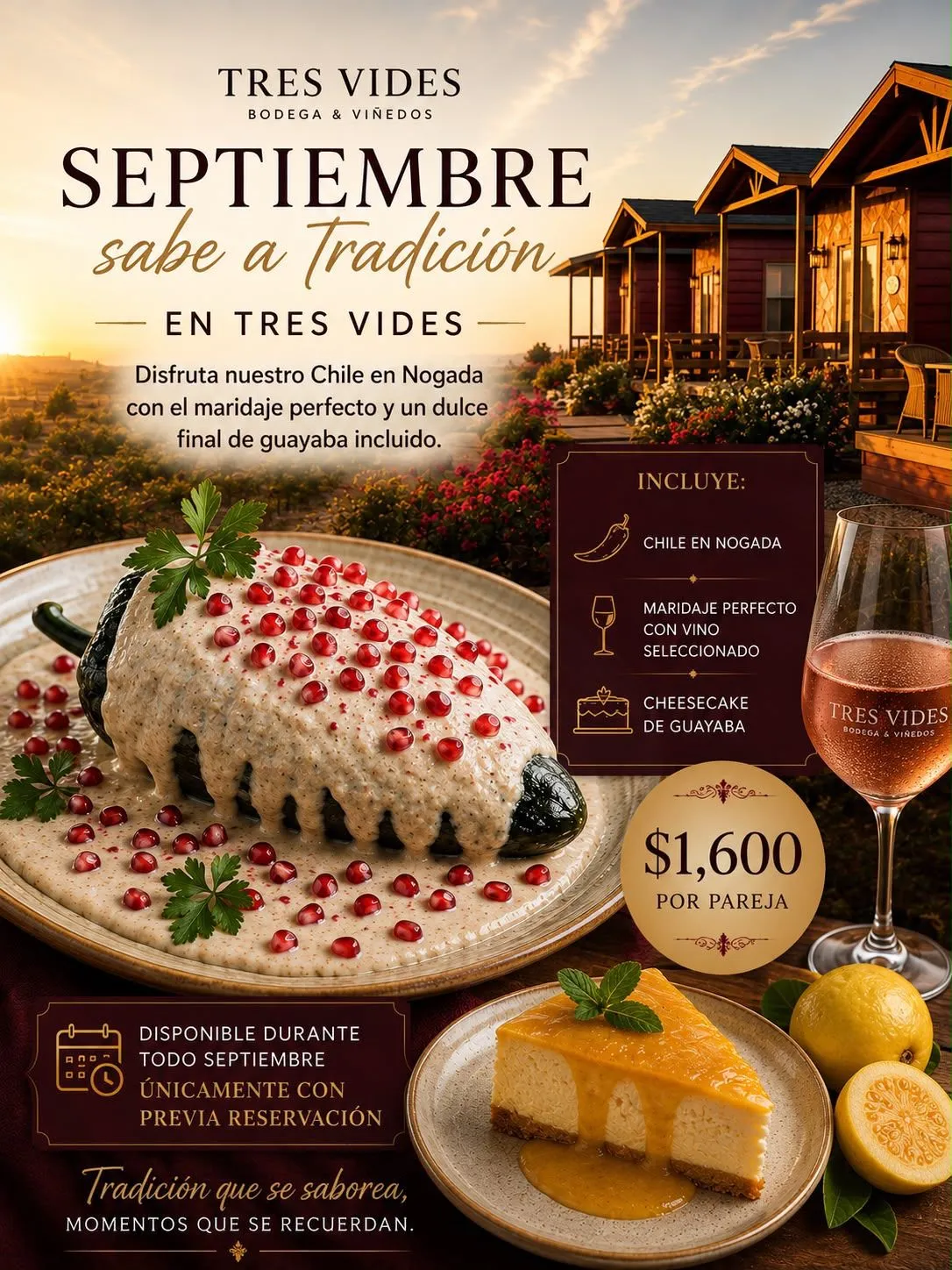 Septiembre sabe a Tradición - Chile en Nogada especial de cena en Tres Vides